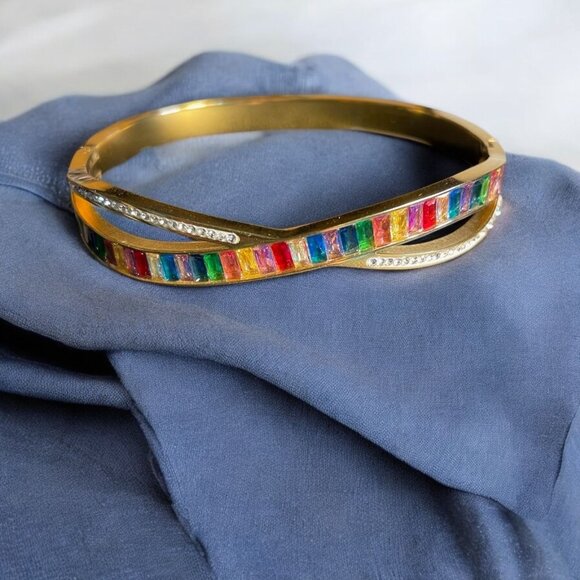 Gold-Plated Crossover Bangle Bracelet W/Multicolor Gemstones & Crystal Accents - Picture 1 of 5